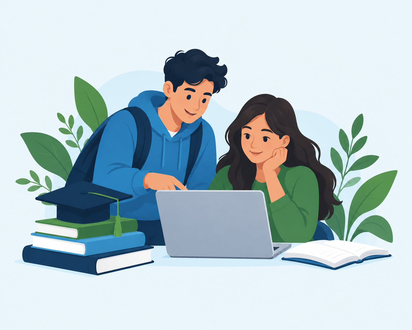 Students learning together with a laptop and books